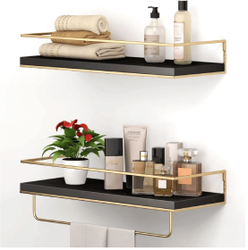 Floating Shelves - Set of 2, Wall Mounted Hanging Shelves with Golden Towel Rack, Decorative Storage Shelves for Bathroom, Kitchen